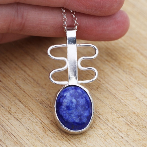Handmade Large Natural Blue Lapis Pendant Sterling Silver - Picture 2 of 5